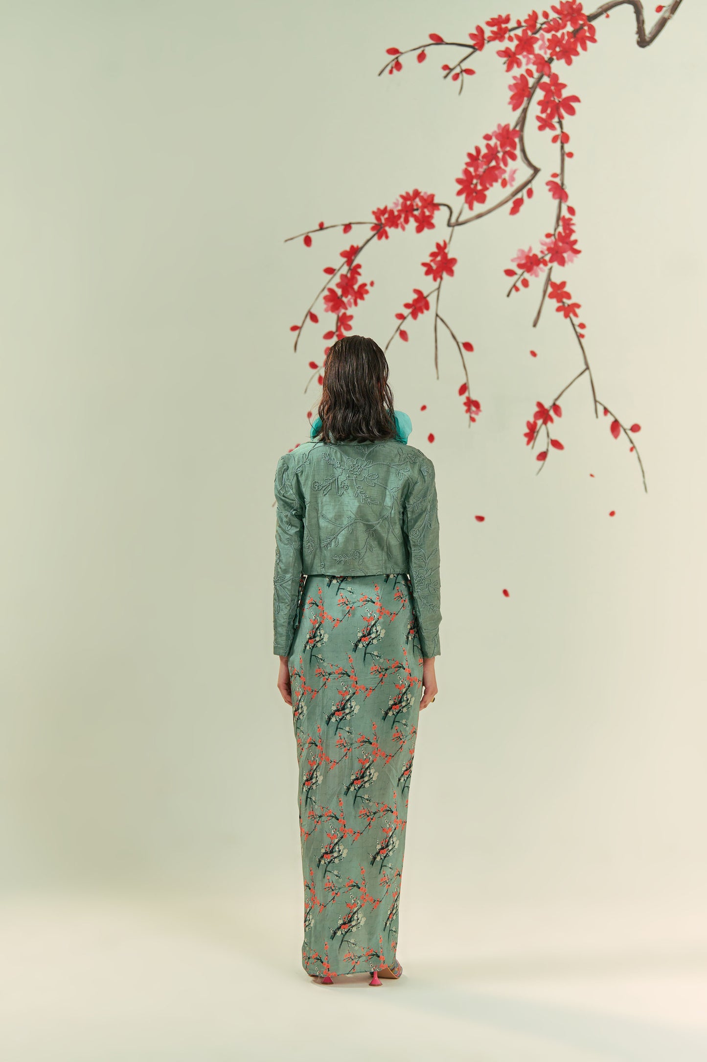 Kaze Embroidered Blazer With Printed Bustier And Skirt Co-ord Set
