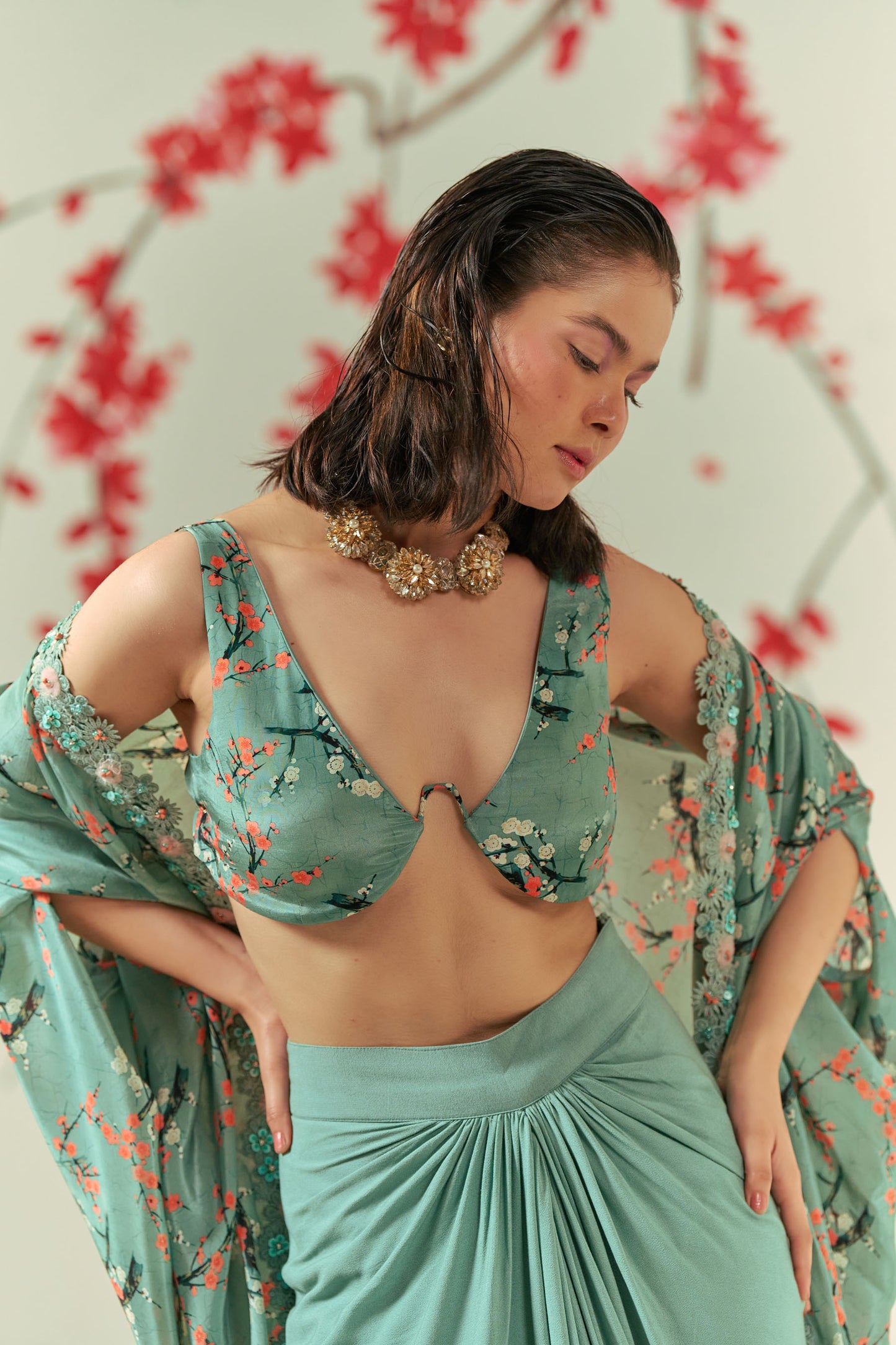 Kaze Printed Shrug And Bustier With Skirt Co-ord Set