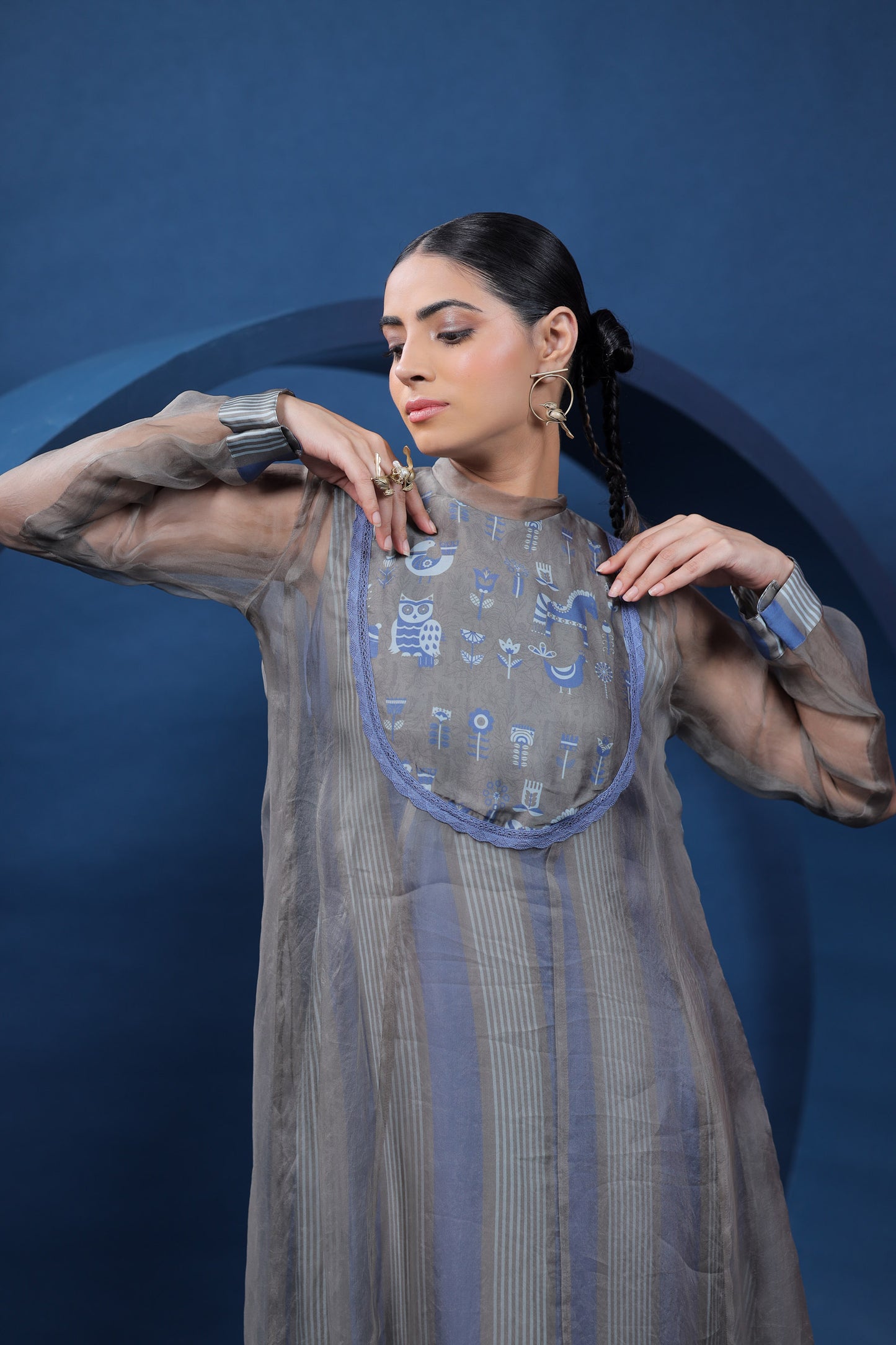 Swedish Folk Blue-Grey Organza Silk Dress