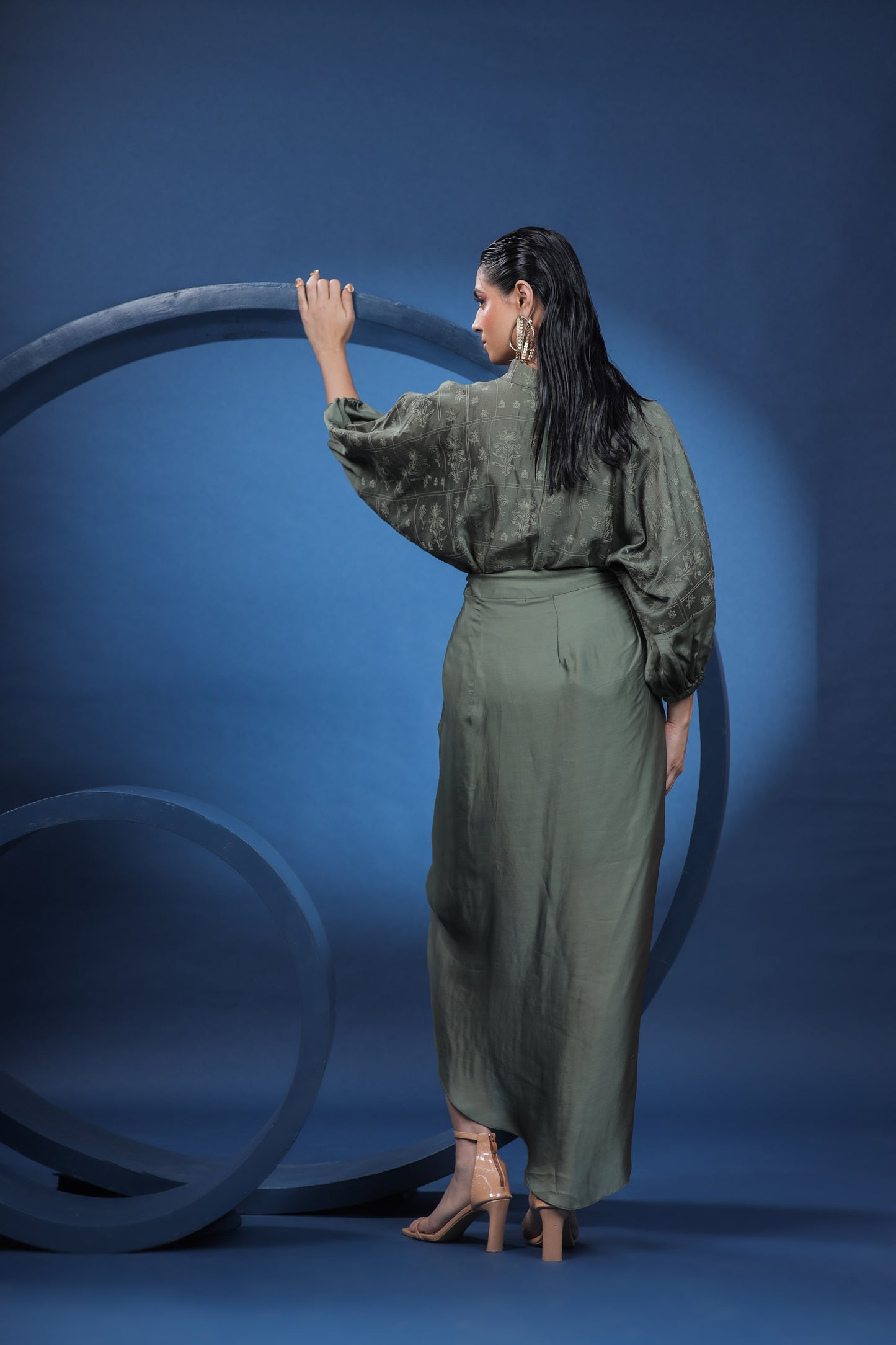 Nordic Green Embroidered Shirt with Draped Skirt