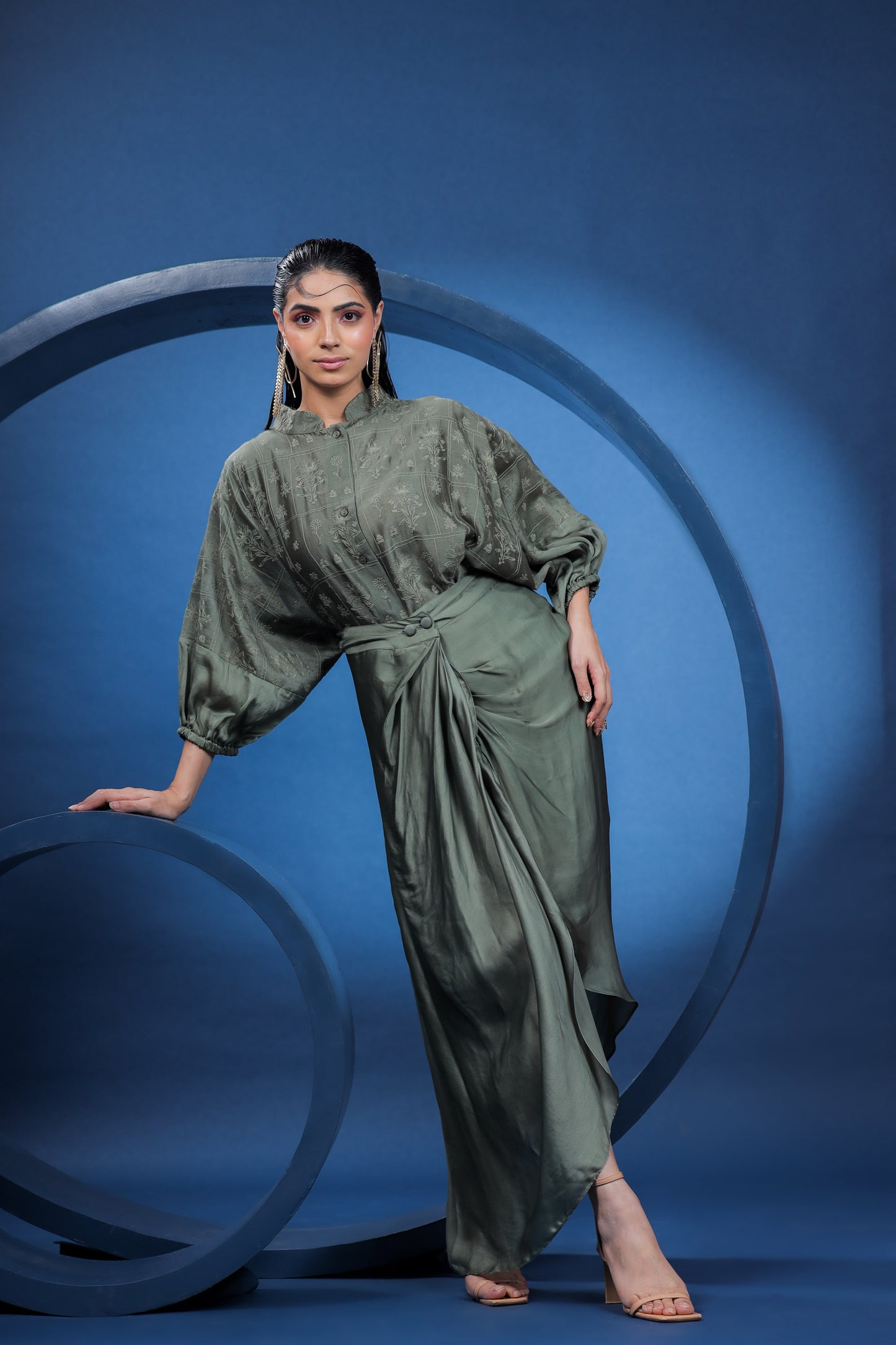Nordic Green Embroidered Shirt with Draped Skirt