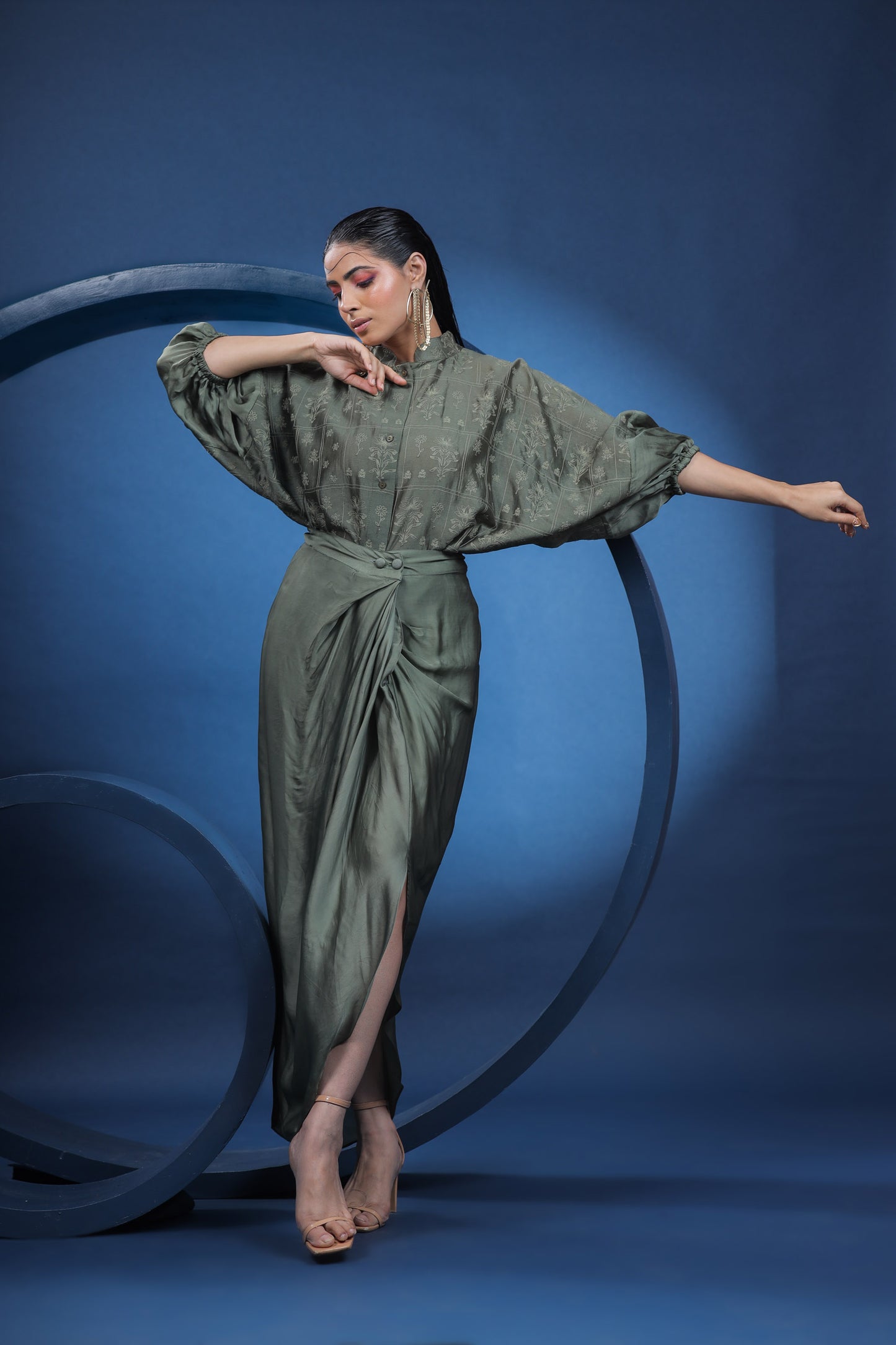 Nordic Green Embroidered Shirt with Draped Skirt
