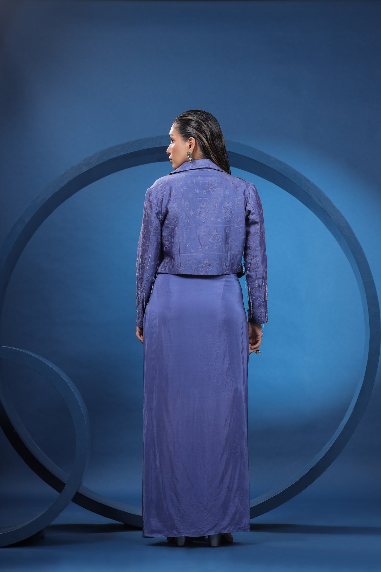 Nordic Purple Embroidered Blazer with Knotted Skirt