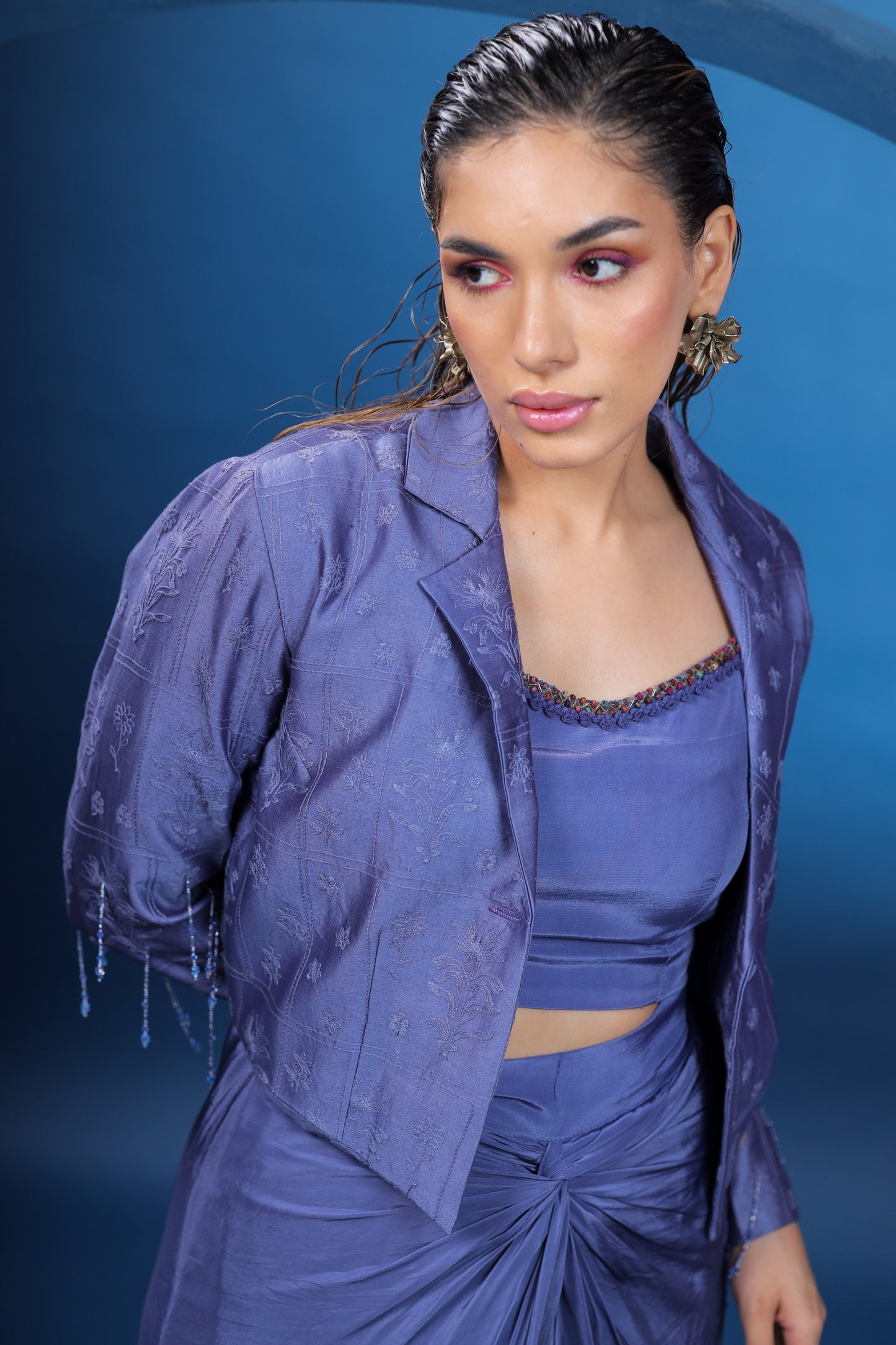 Nordic Purple Embroidered Blazer with Knotted Skirt