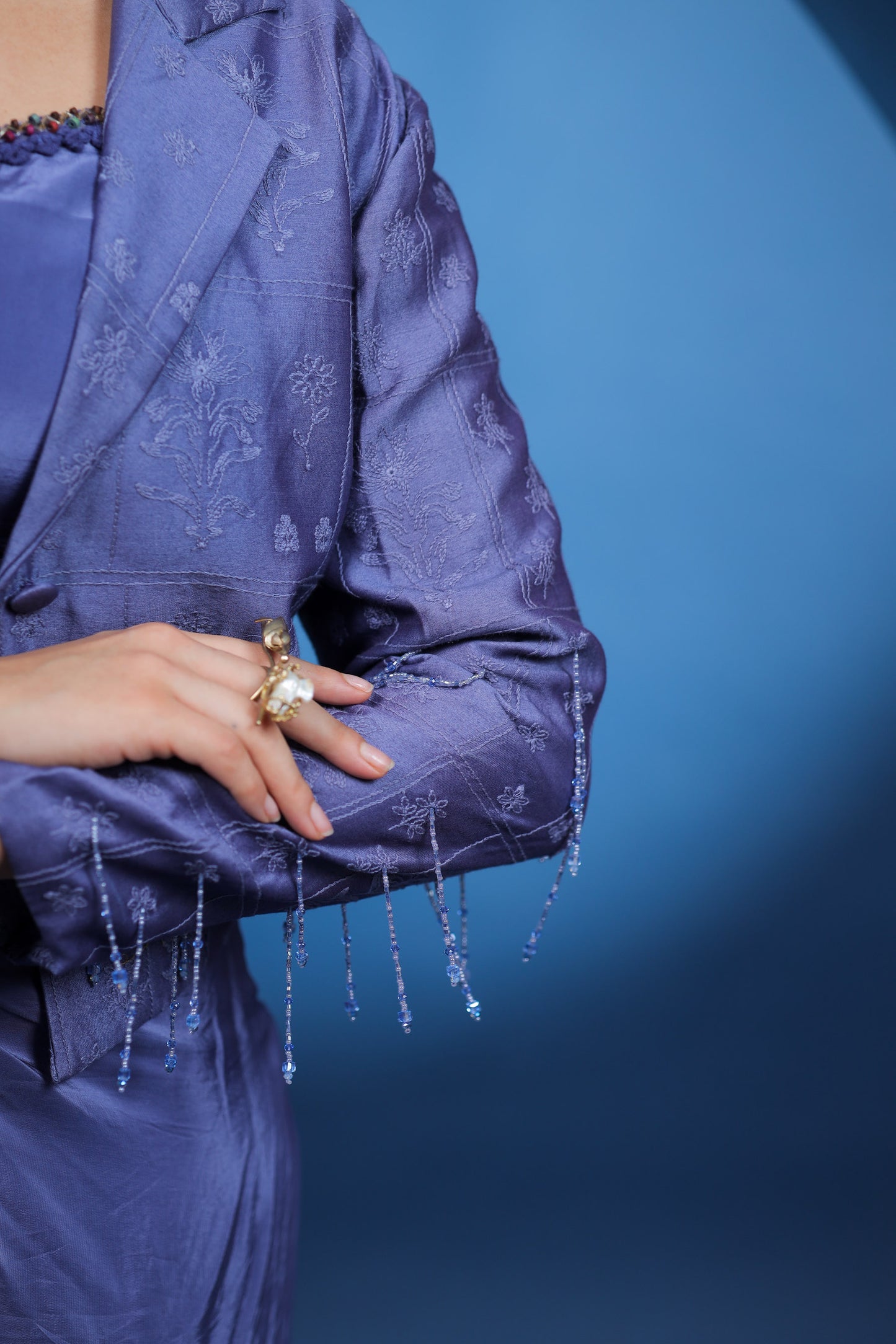 Nordic Purple Embroidered Blazer with Knotted Skirt
