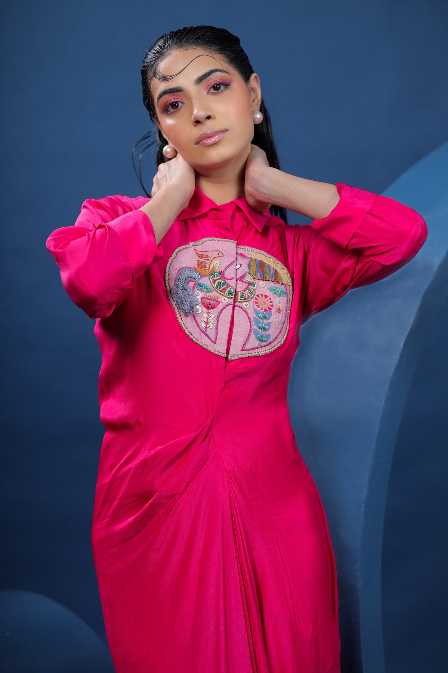 Dala Horse Fuchsia Draped Shirt Dress