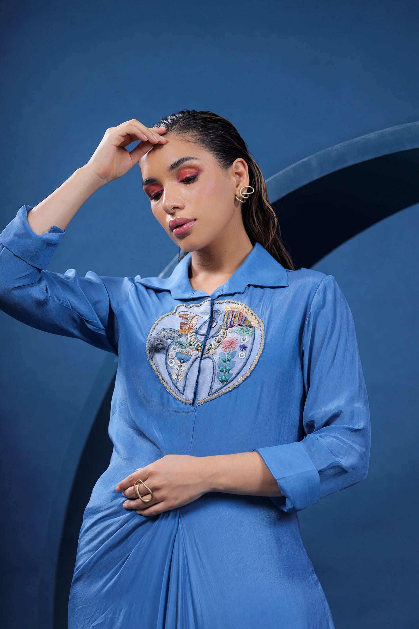 Dala Horse Blue Draped Shirt Dress