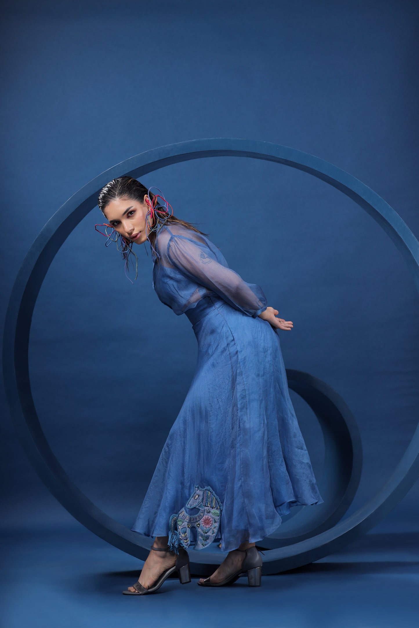 Dala Horse Blue Silk Organza Shirt with Skirt