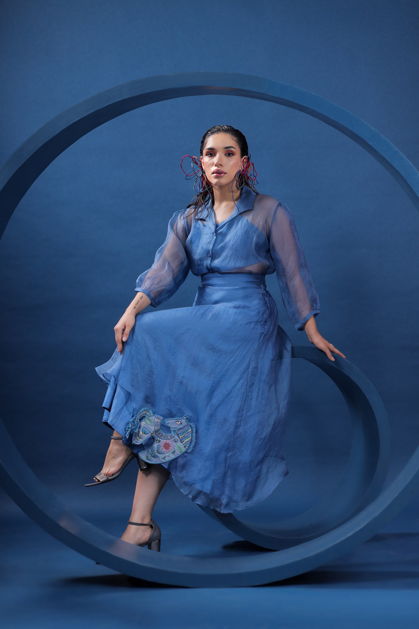 Dala Horse Blue Silk Organza Shirt with Skirt