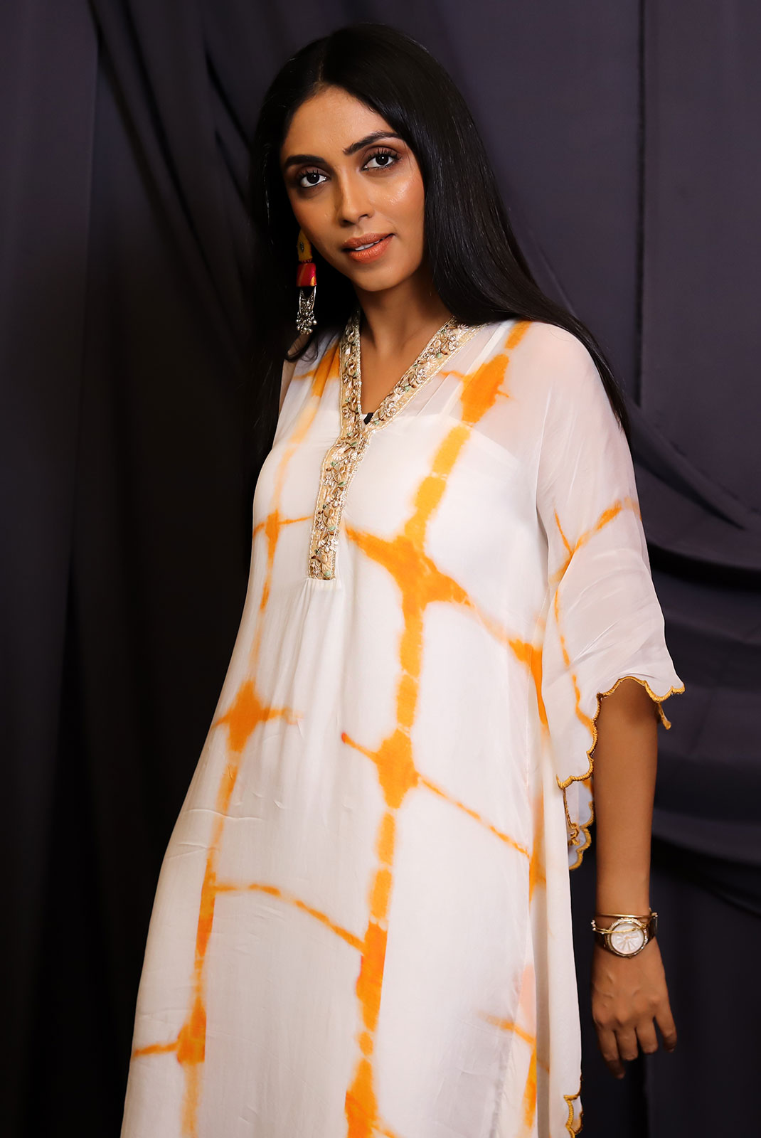 Chrome Yellow Tie & Dye Scalloped Kaftan