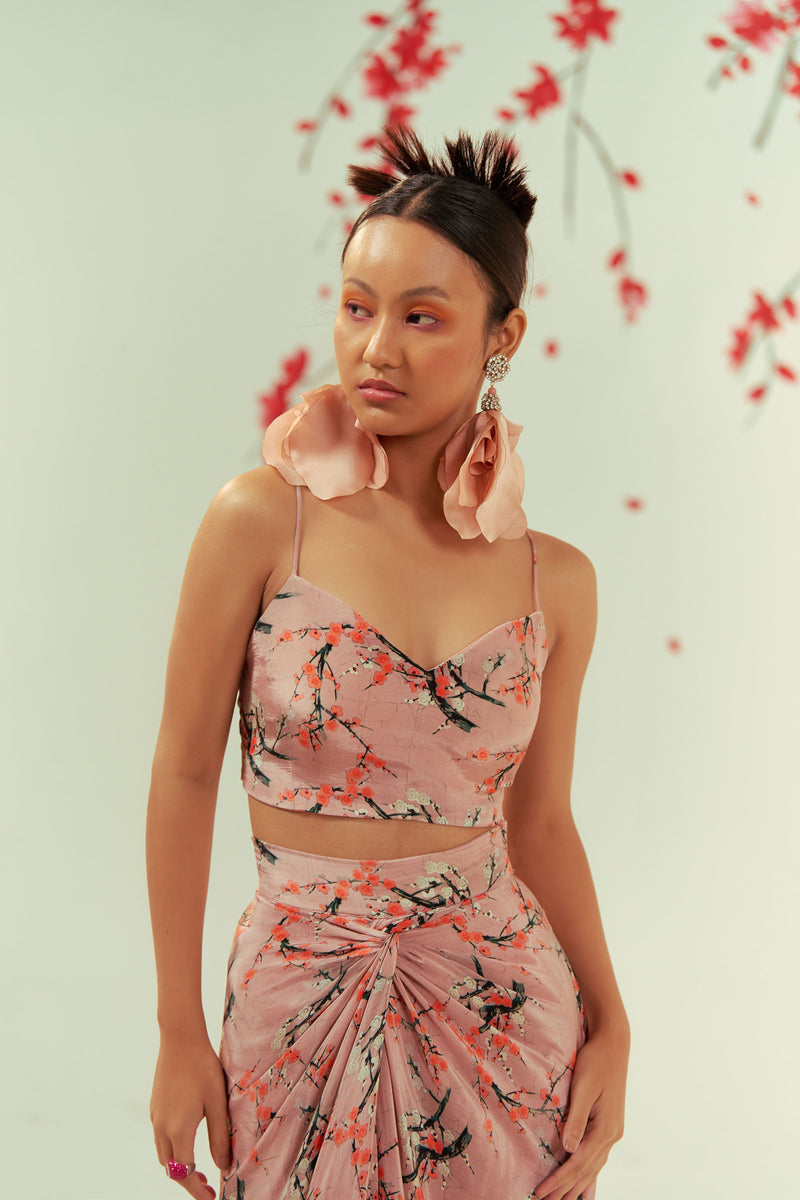 Mizu Embroidered Blazer With Printed Bustier And Skirt Co-ord Set