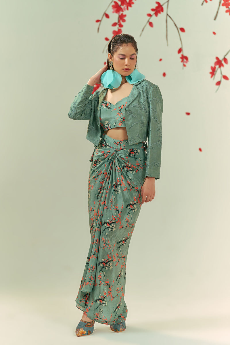 Kaze Embroidered Blazer With Printed Bustier And Skirt Co-ord Set