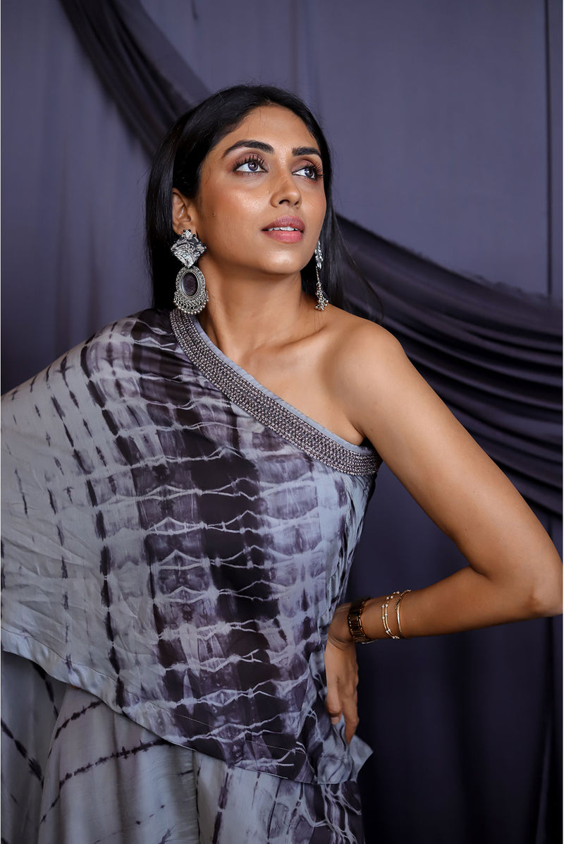 Grey Shibori Off-Shoulder Set