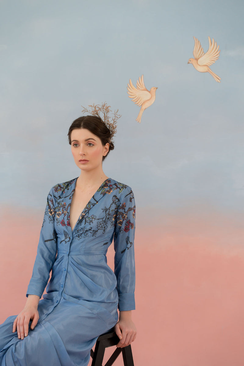 Feathered Finesse Drape Shirt Dress